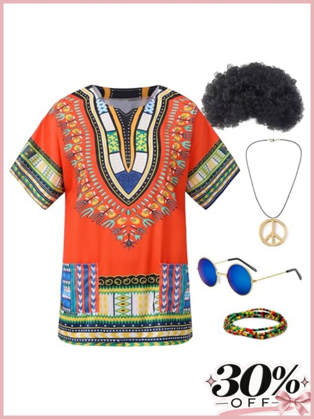 Hippie Costume 5-Piece Set Polyester T-Shirt Wig Sunglasses Party